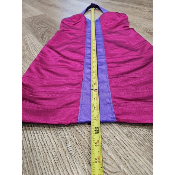 MORGAN & CO Y2K 1990's Bright Pink Purple Satin Ruched Halter Neck Mini Dress XS - Picture 5 of 6